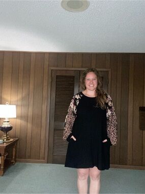 Umgee Black Dress with Floral & Animal-Print Sleeves